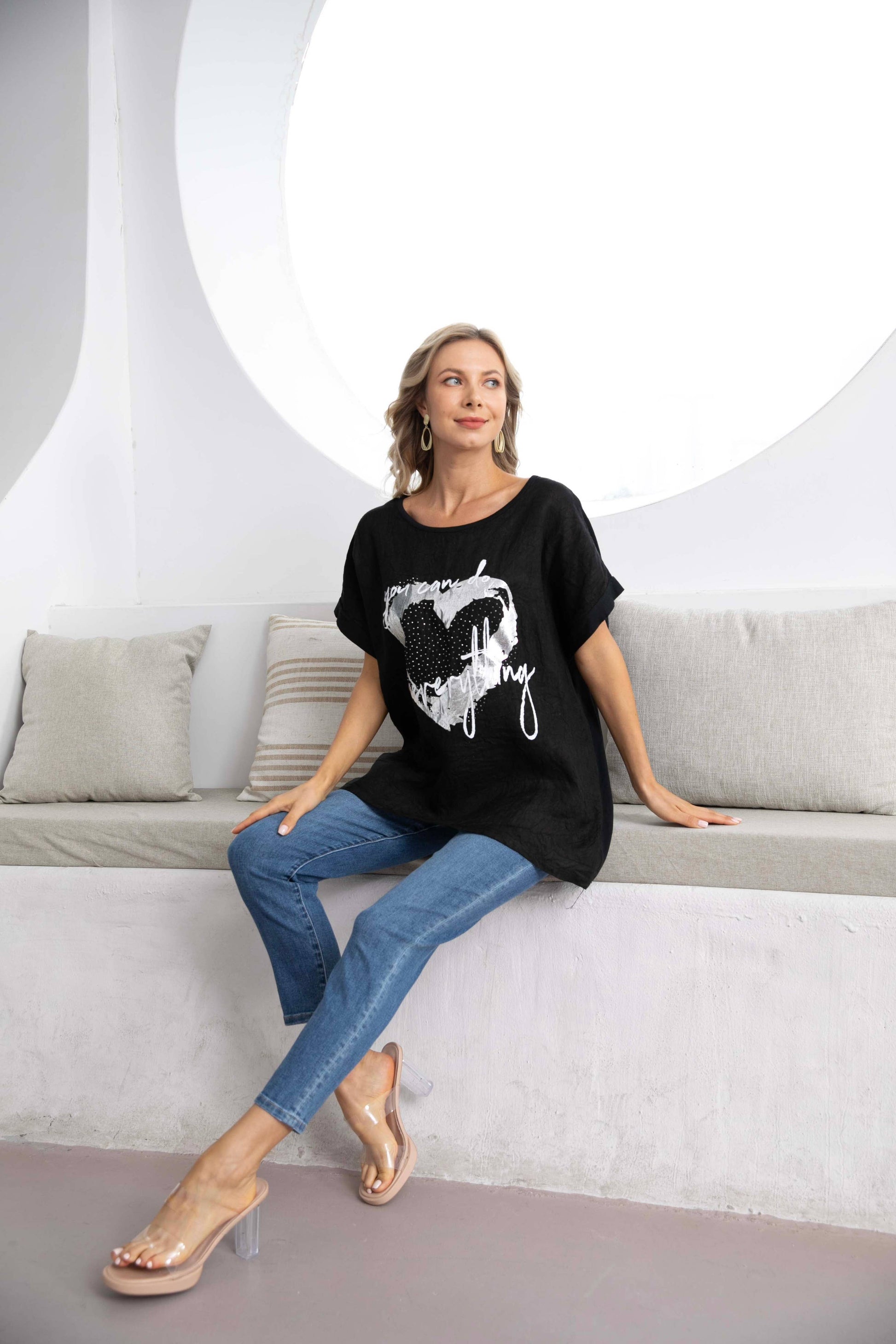 Printed Linen Top by Orange Fashion Tee Shirt Orange Fashion Village Black S M