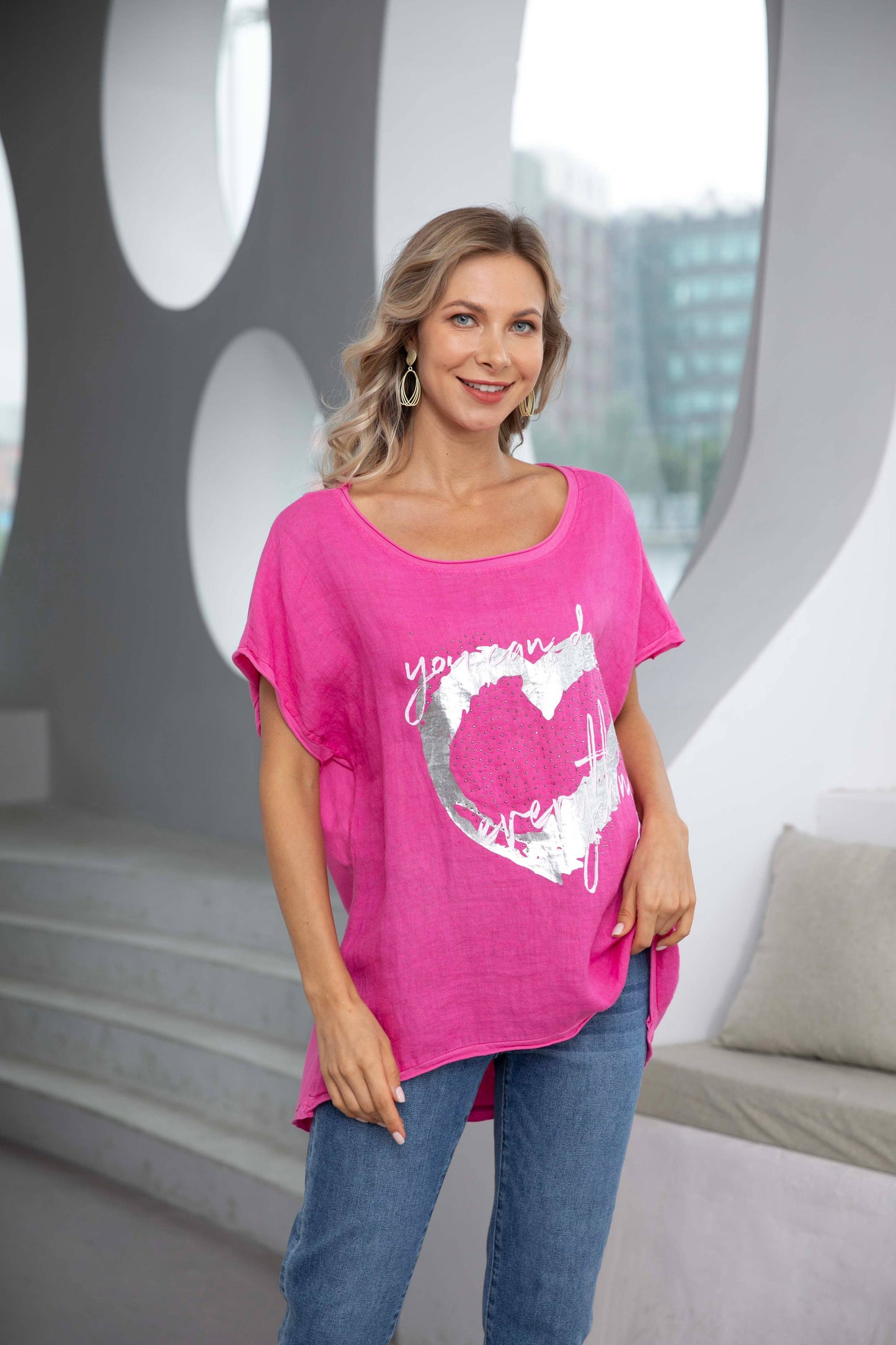 Printed Linen Top by Orange Fashion Tee Shirt Orange Fashion Village Fuschia S M