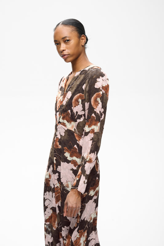 Mason Printed Dress by InWear in Brown W Pink Fall Leaves — Cropped Front (500)