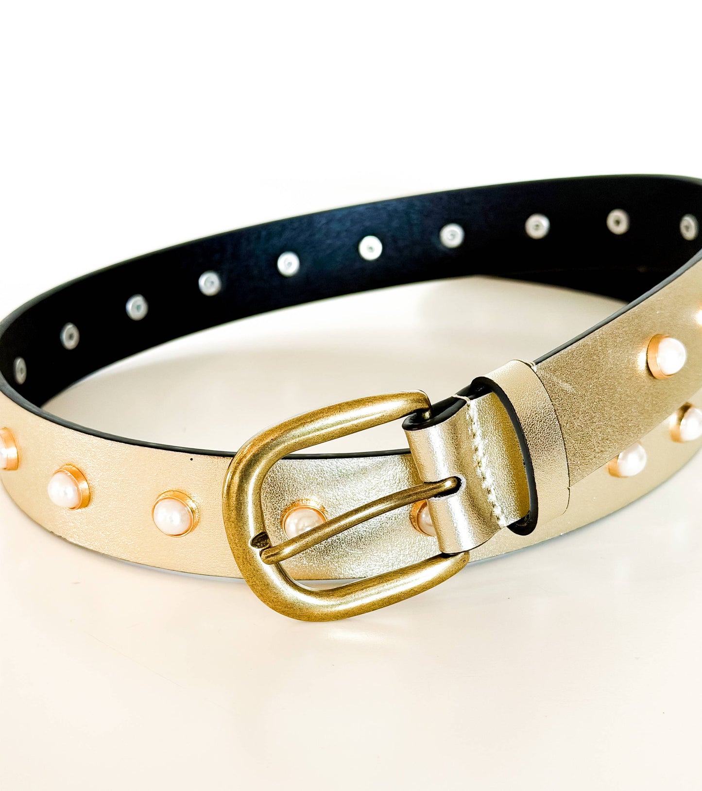 Gold Leather and Pearl Studded Belt by Ginger Blue