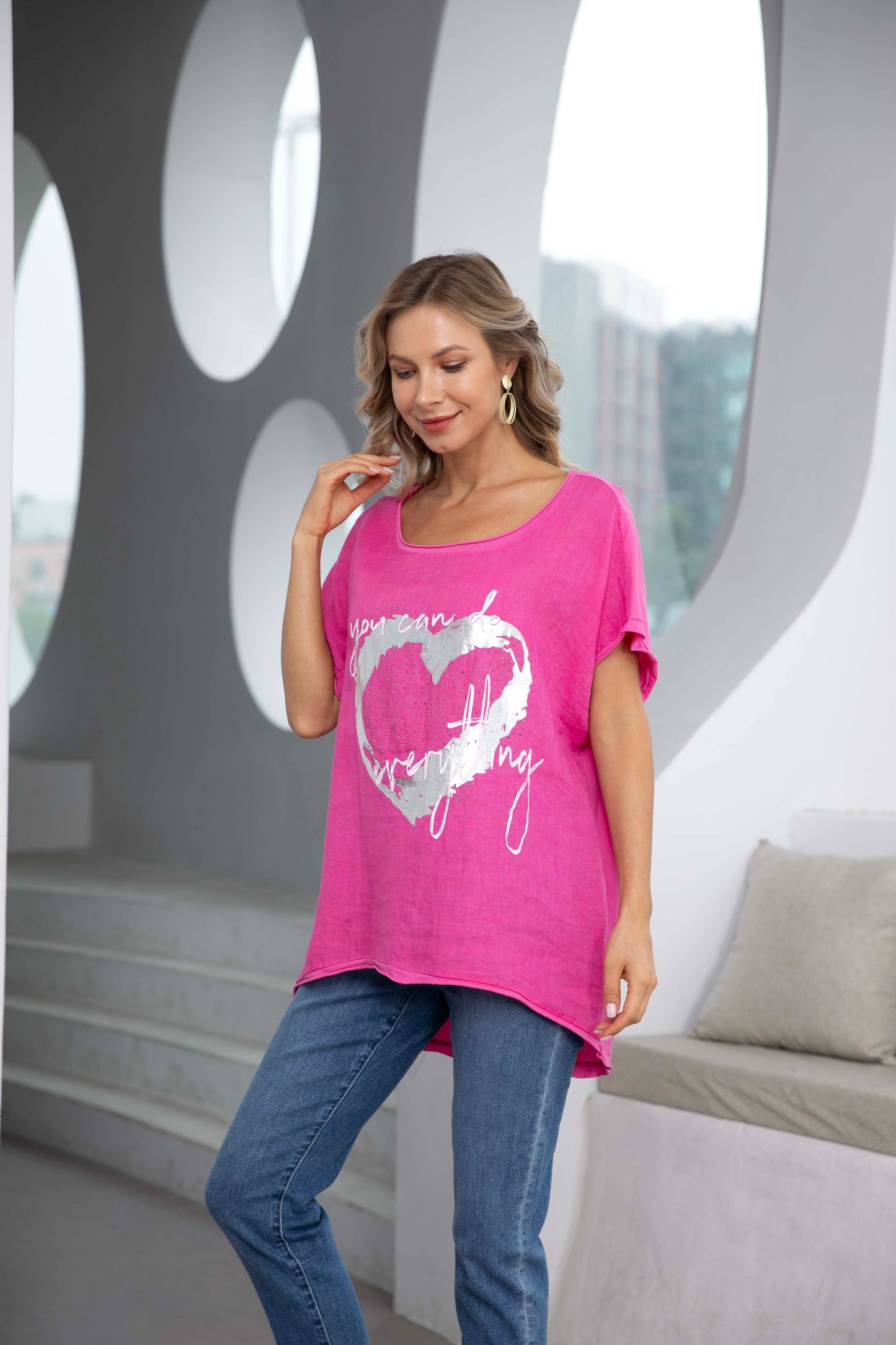 Printed Linen Top by Orange Fashion Tee Shirt Orange Fashion Village Fuschia L XL