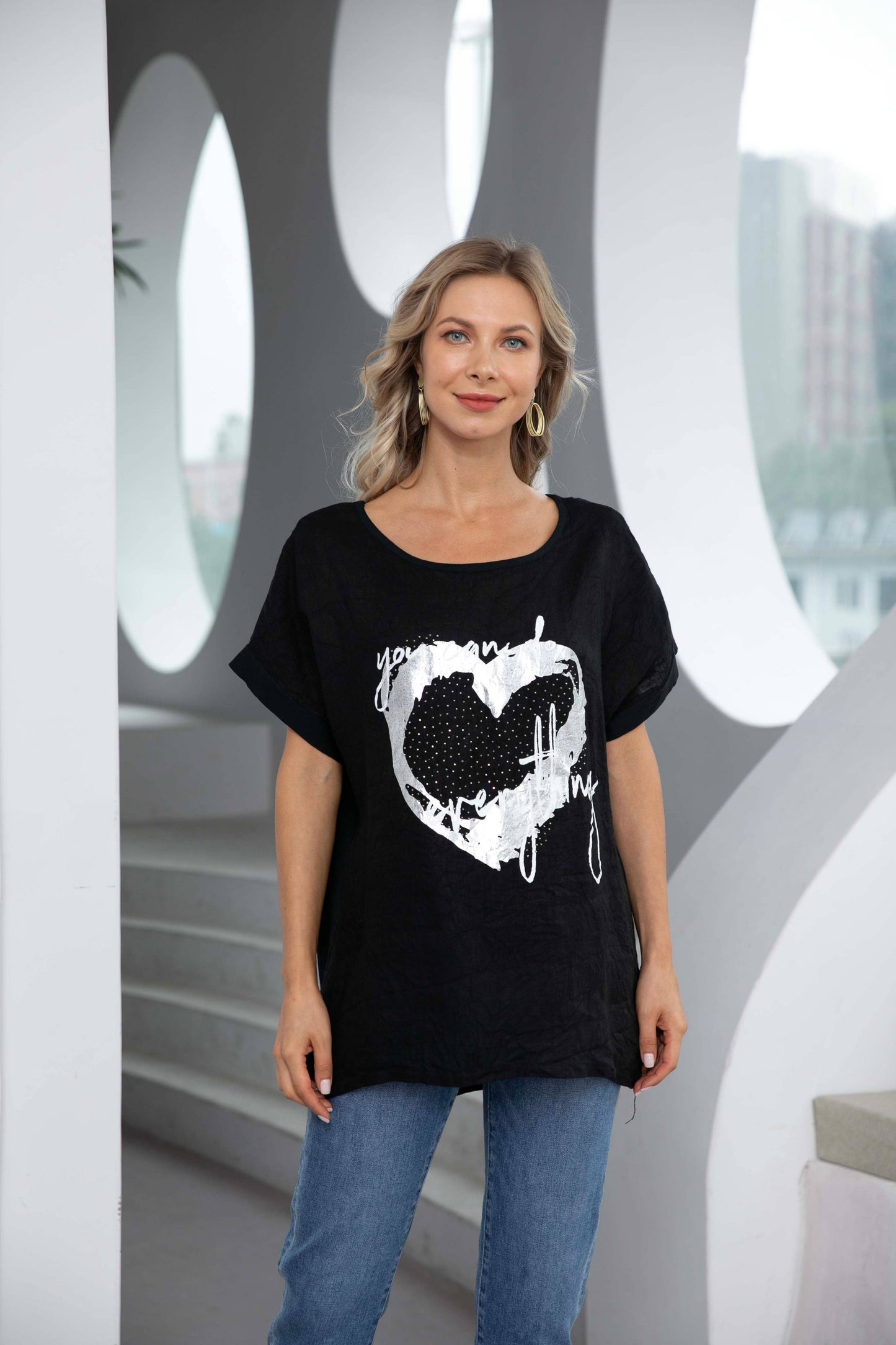 Printed Linen Top by Orange Fashion Tee Shirt Orange Fashion Village