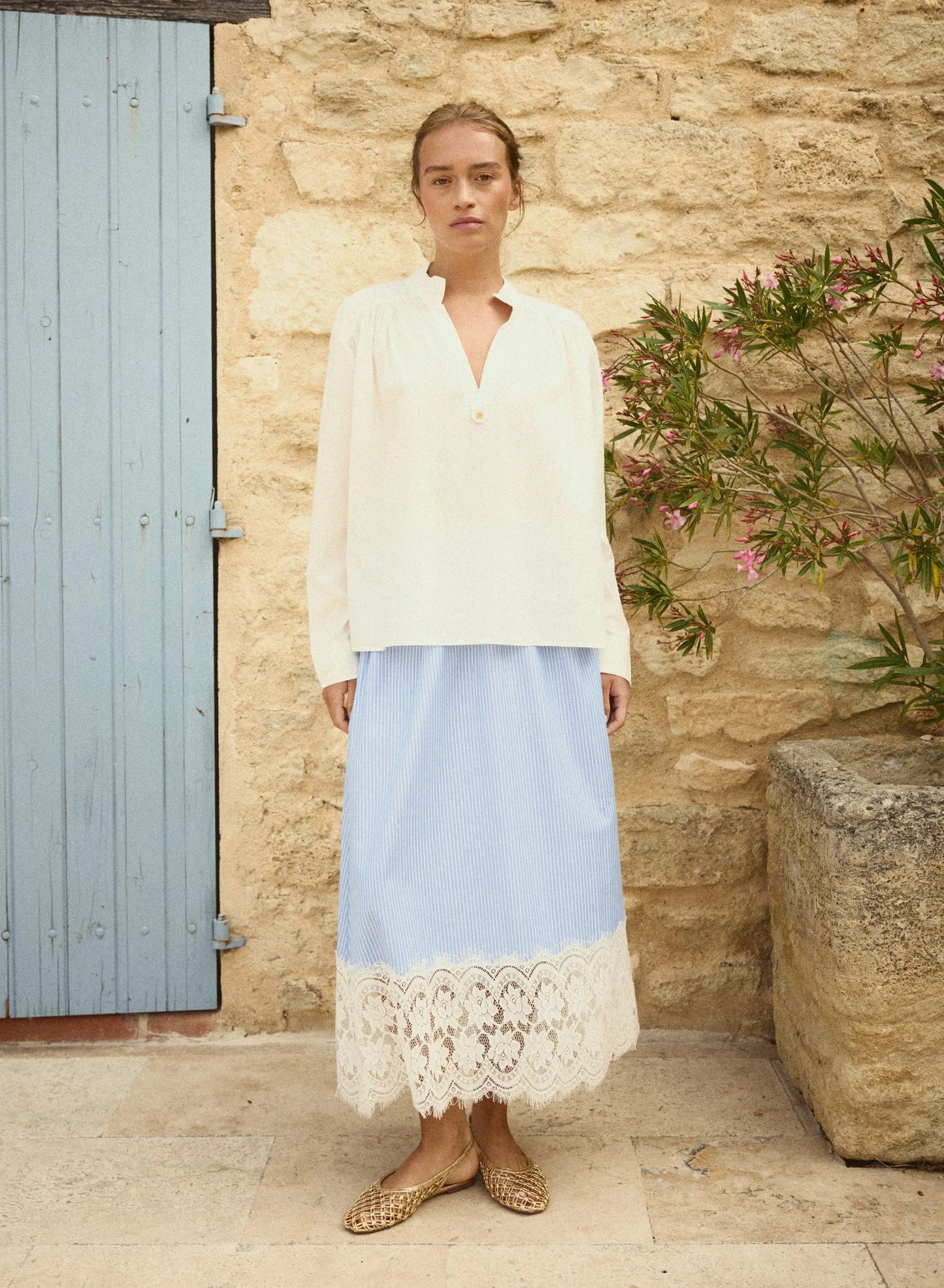 Inaya Poplin and Lace Skirt by NotShy Skirts & Shorts NotShy Blue Stripe