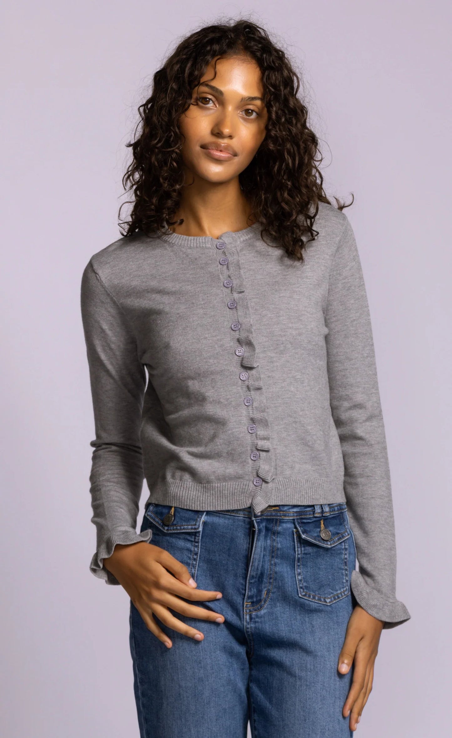 Ruffle Front Cardigan Knit Tops Pink Martini Grey