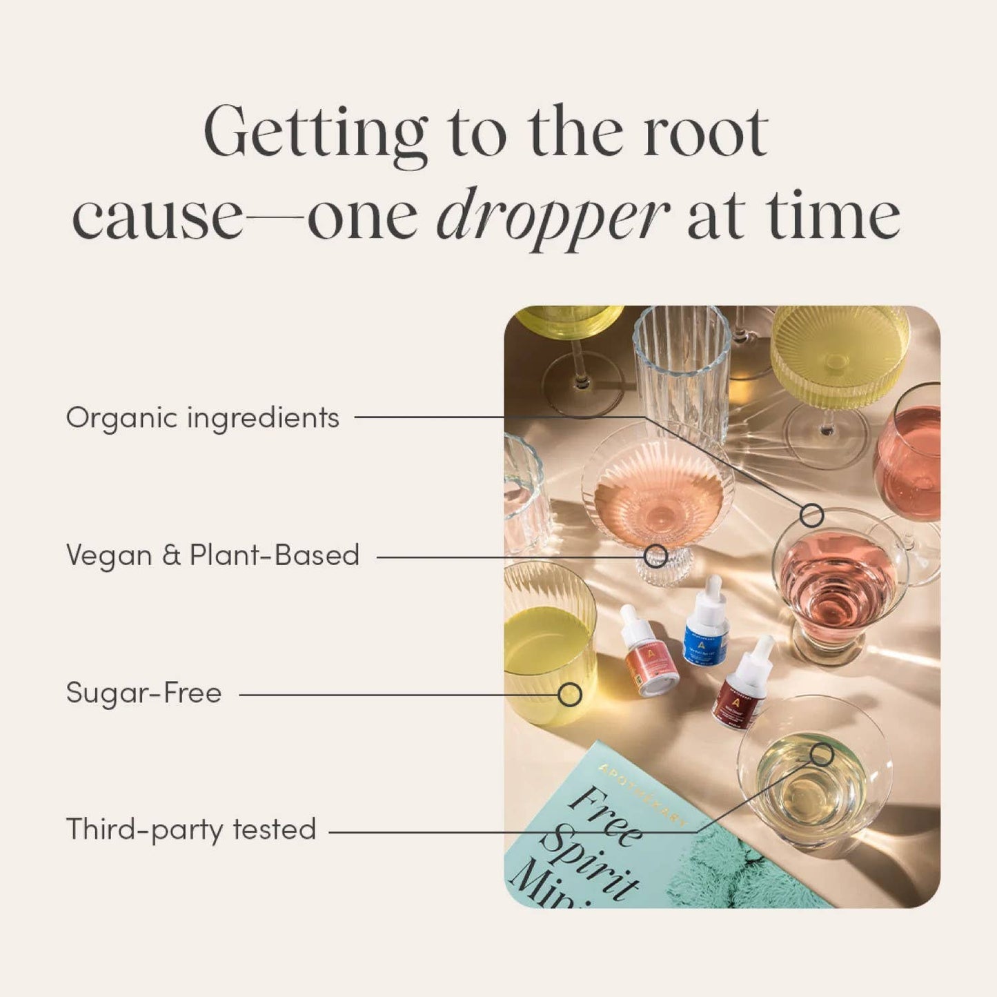 Product packaging with droppers and glasses on a table, labeled for organic ingredients, vegan & plant-based, sugar-free, and third-party tested.