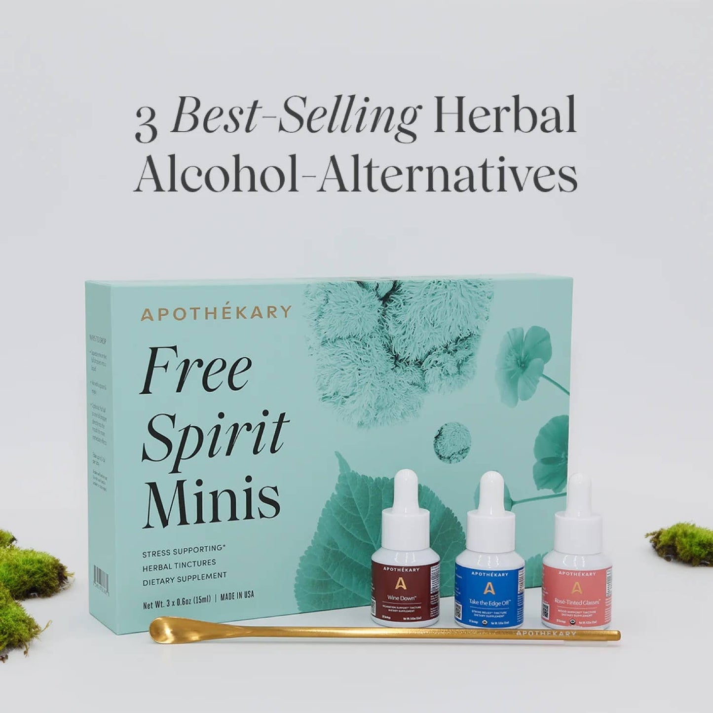 Apothekary Free Spirit Minis packaging with three small bottles on a light background