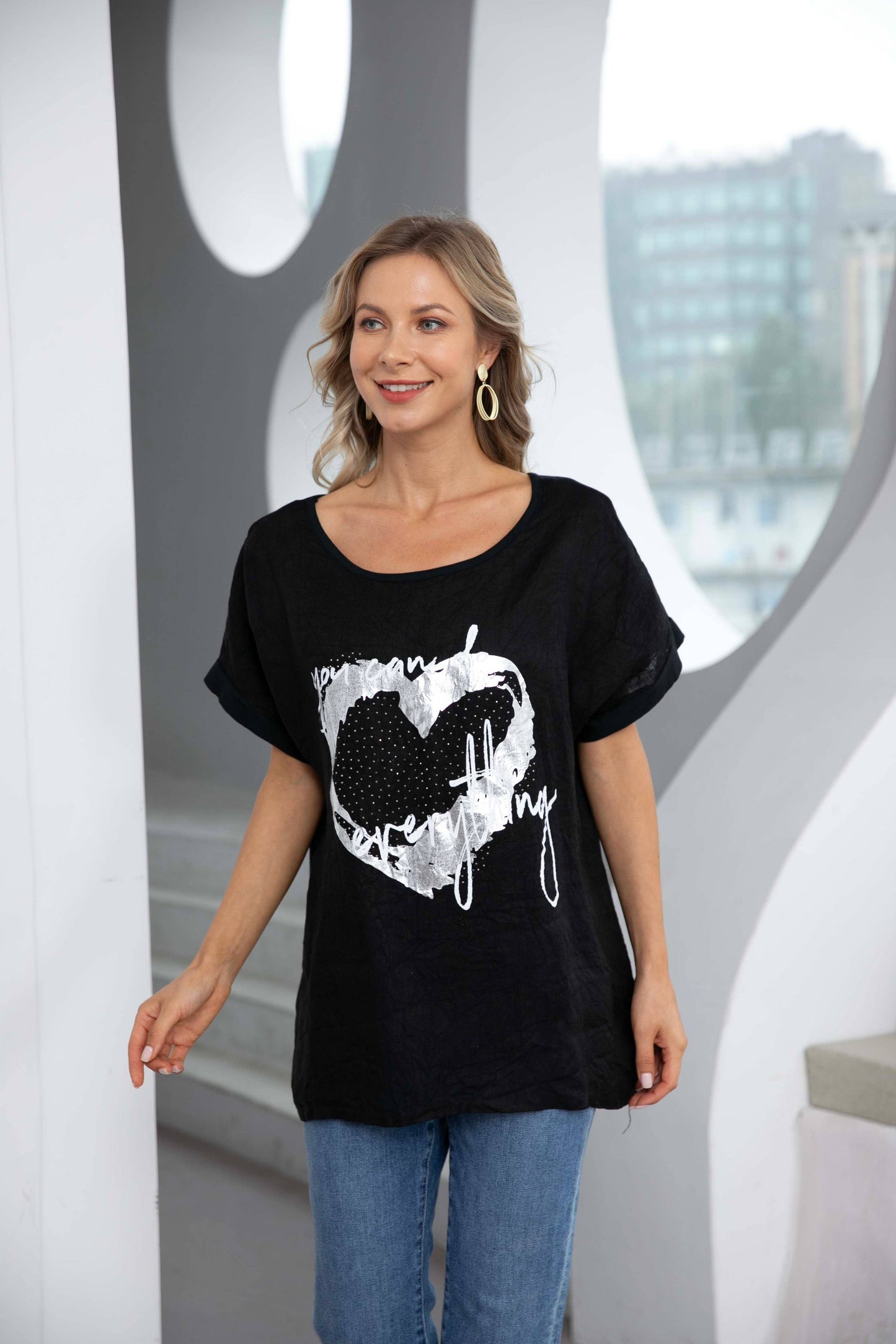 Printed Linen Top by Orange Fashion Tee Shirt Orange Fashion Village Black L XL