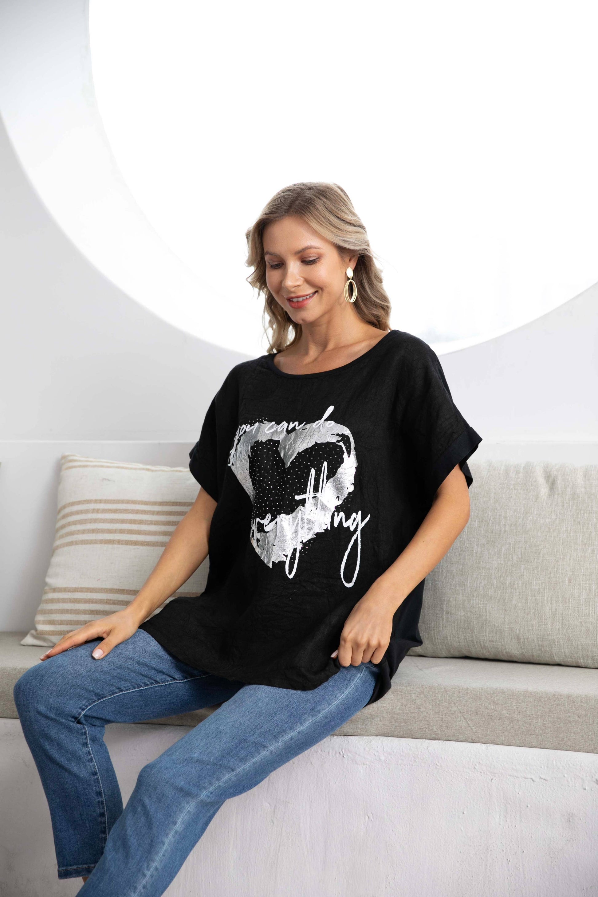 Printed Linen Top by Orange Fashion Tee Shirt Orange Fashion Village