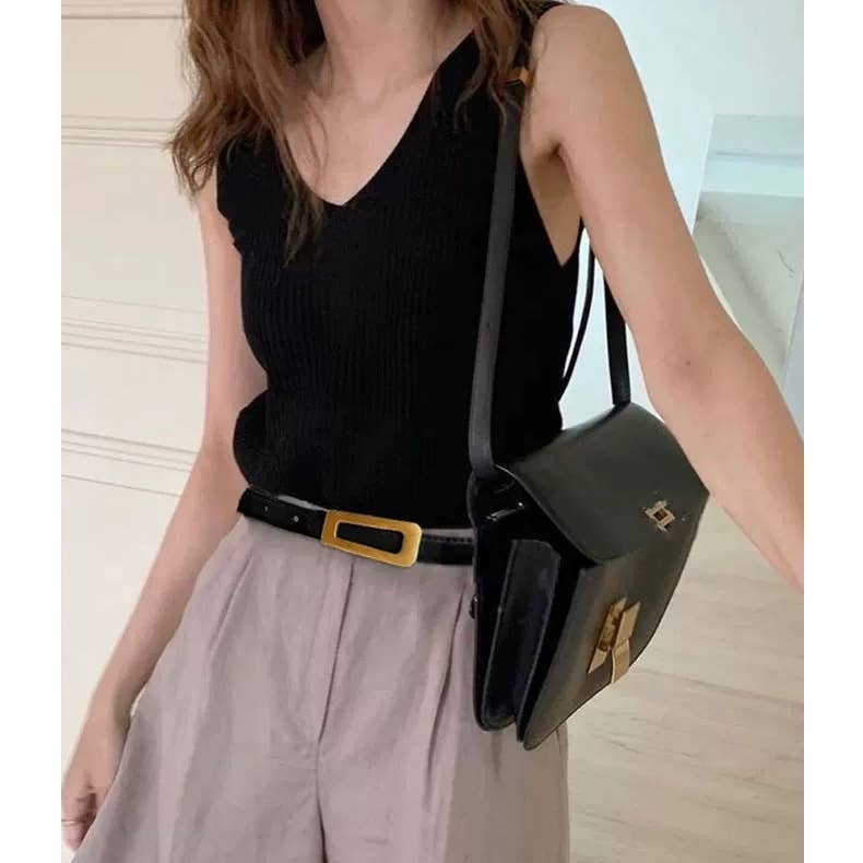 Leather Belt with Gold Geometric Buckle Belts Q&C Distribution