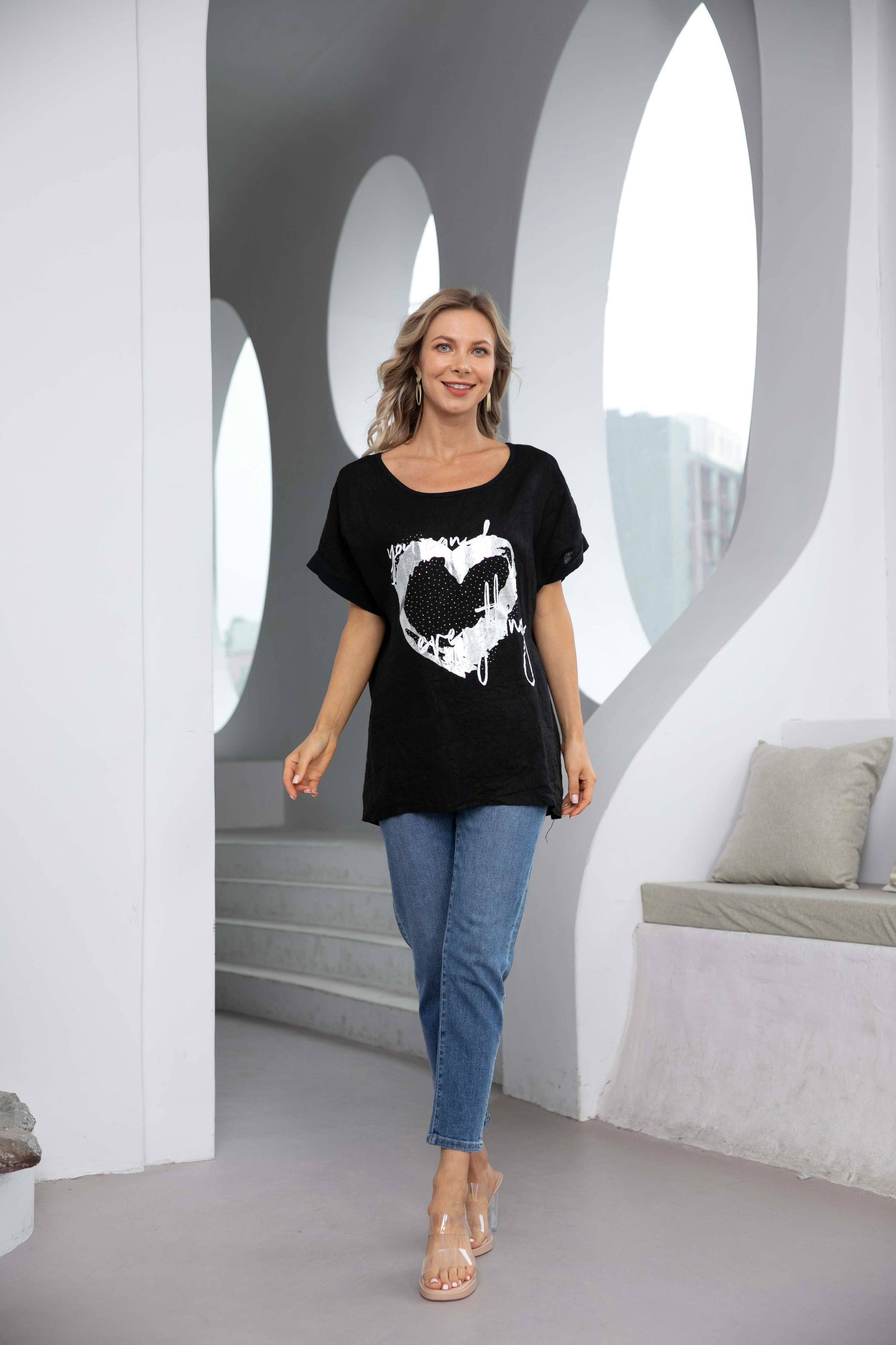 Printed Linen Top by Orange Fashion Tee Shirt Orange Fashion Village