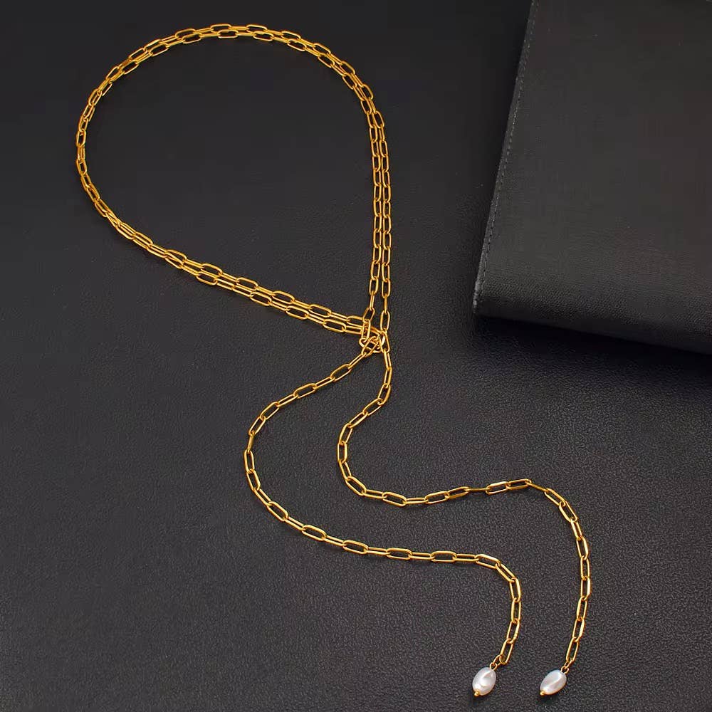 HoopLa - Mindy Pearl Tie Necklace Belt Waterproof 14K PVD Jewelry HoopLa