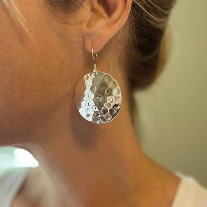 Beaten Metal Disc Earrings - Silver Colour