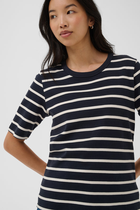 Ratana Organic Cotton T-Shirt by Part Two Essentials PART TWO Navy Eggnog Stripe