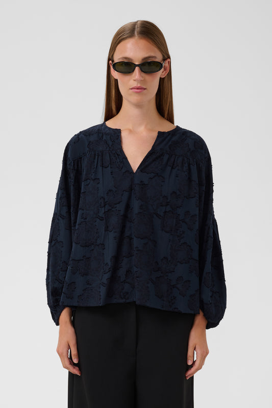 Aronia Textured Cotton Blouse by Soaked in Luxury Tops SOAKED IN LUXURY Night Sky