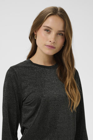 Long Sleeve Shimmer T-shirt by Saint Tropez Apparel Saint Tropez Metallic Black