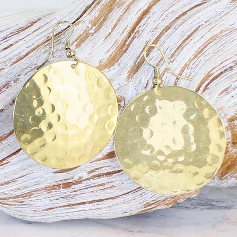 Hammered Metal Disc Earrings - Gold Colour