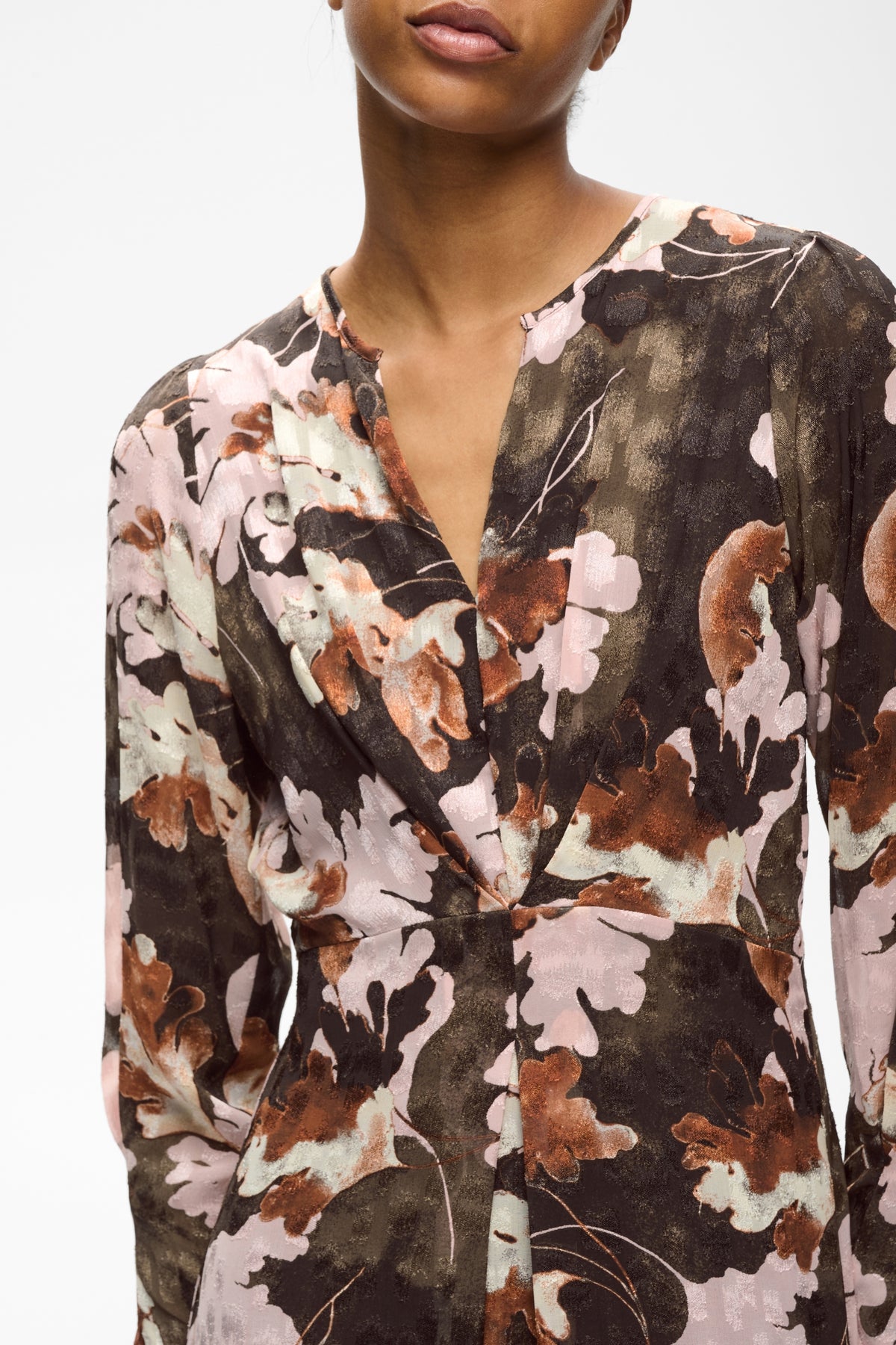 Mason Printed Dress by InWear in Brown W Pink Fall Leaves — Lookbook Detail (350)