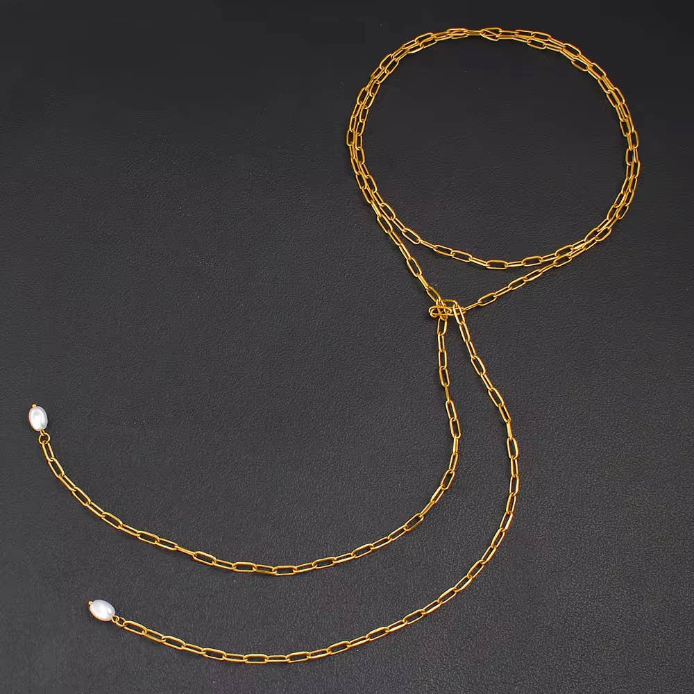HoopLa - Mindy Pearl Tie Necklace Belt Waterproof 14K PVD Jewelry HoopLa