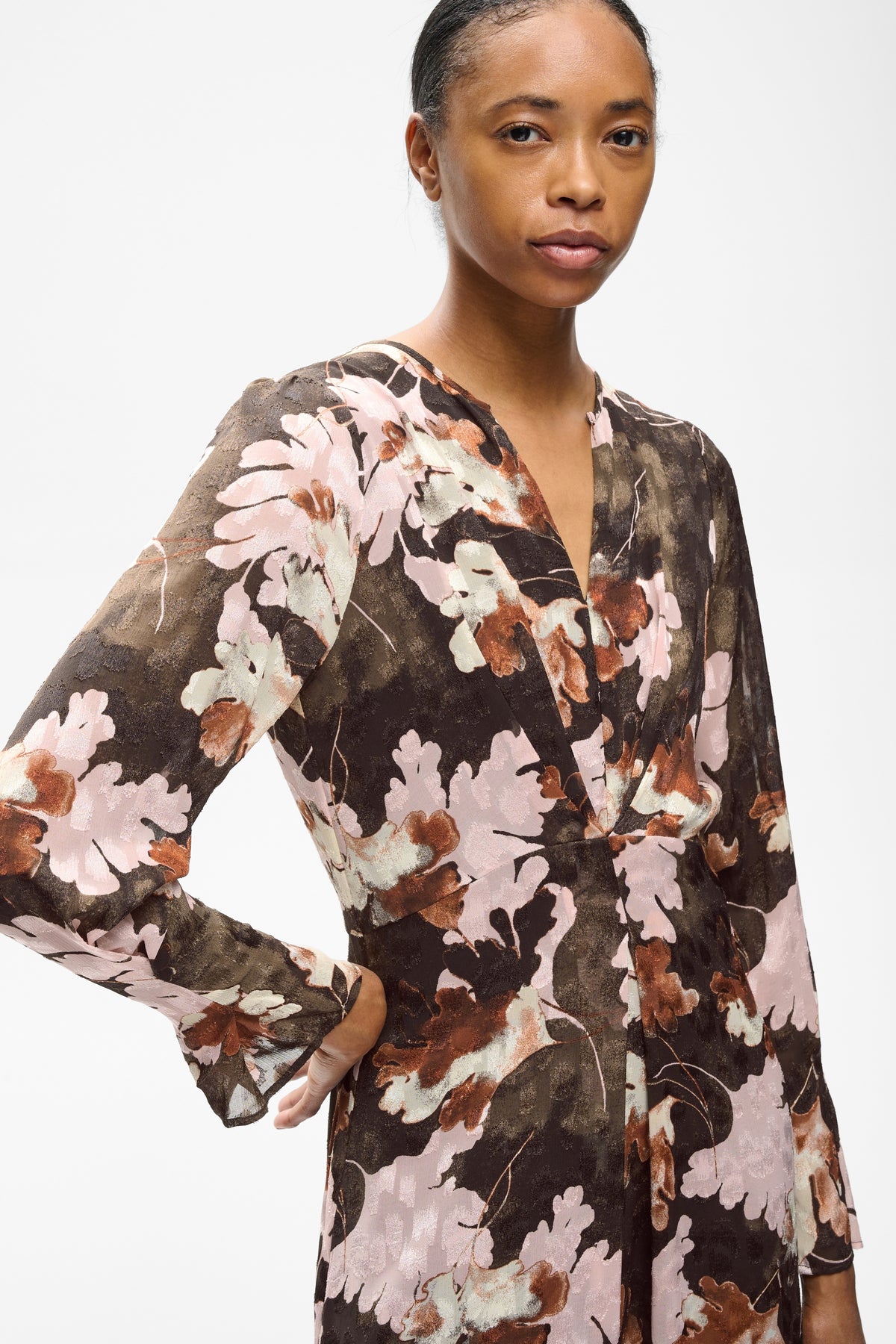 Mason Printed Dress by InWear in Brown W Pink Fall Leaves — Lookbook Detail (350)
