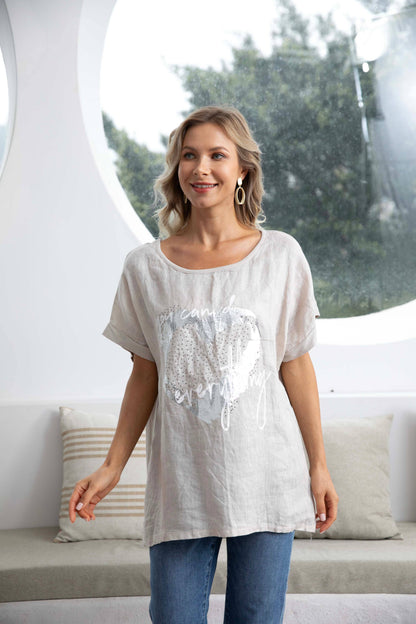 Silver Heart Linen Top by Orange Fashion Village