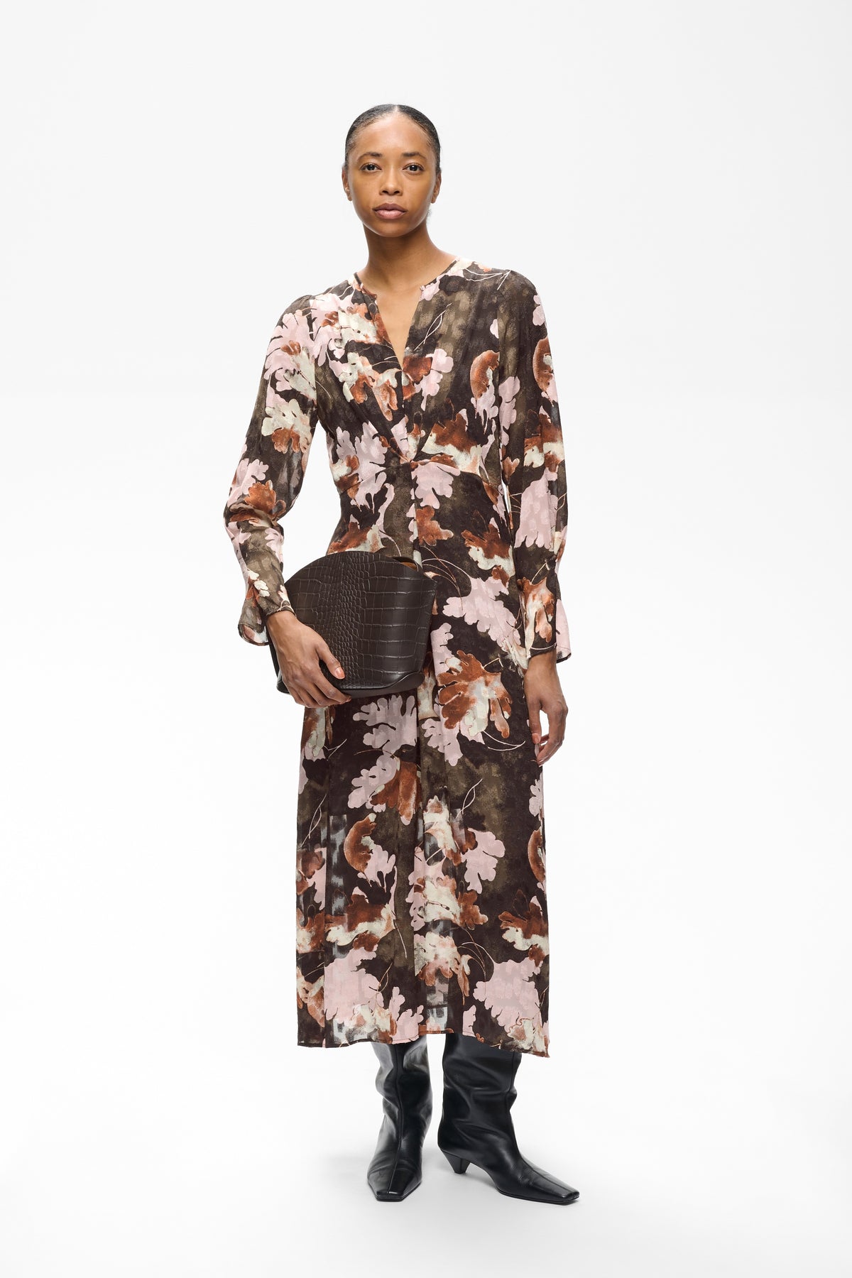 Mason Printed Dress by InWear in Brown W Pink Fall Leaves — Lookbook Front (400)