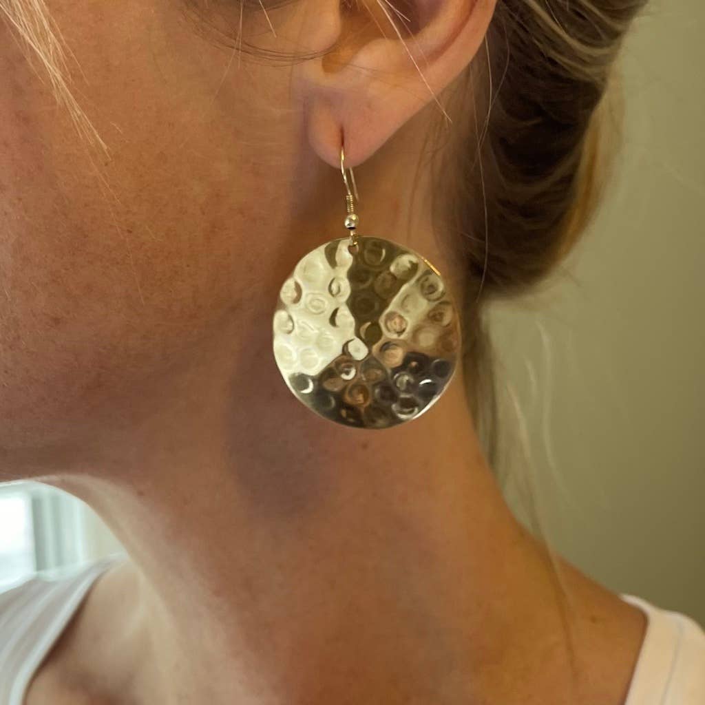 Hammered Metal Disc Earrings - Gold Colour