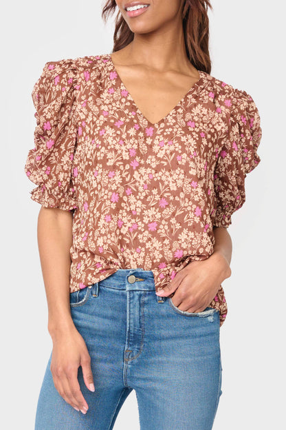 Rouched Sleeve Chiffon V-neck Blouse by Gibsonlook