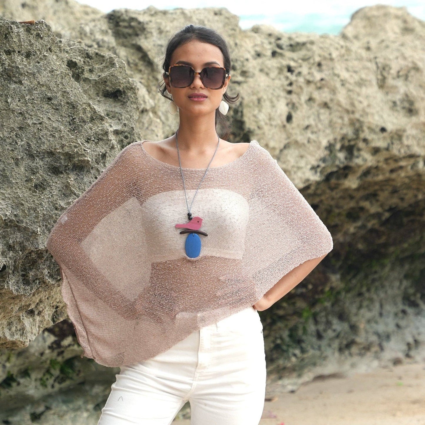 Suzie Blue Canada - Sheer Mesh Poncho - Taupe