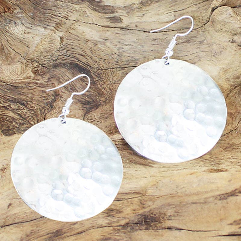 Beaten Metal Disc Earrings - Silver Colour