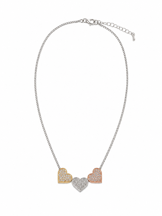 Crystal Heart Trio Necklace Accessories King of Glitz