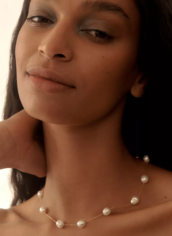 Sinann Pearl Station Necklace in 14K Gold Necklace HoopLa Style