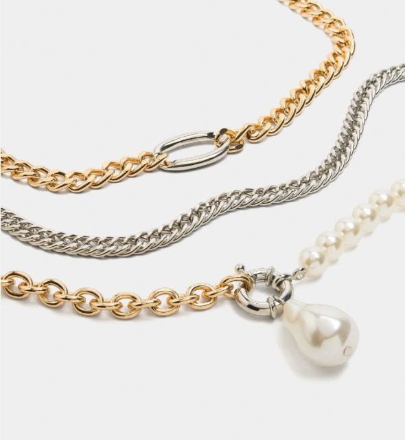 HoopLa - Triple Stack- Necklaces 3 Chains stacked PVD Carabiner Pearl Jewelry HoopLa