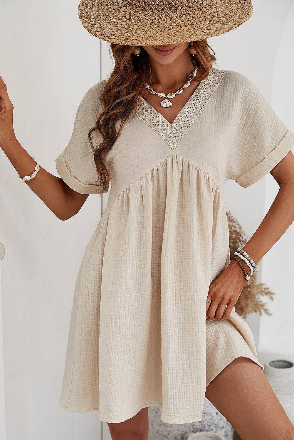 Short Sleeve Lace V Neck Mini Dress