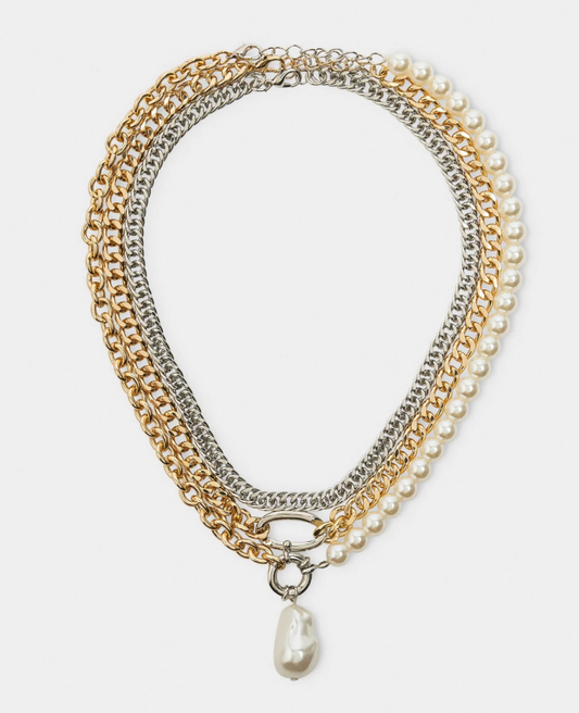 HoopLa - Triple Stack- Necklaces 3 Chains stacked PVD Carabiner Pearl Jewelry HoopLa
