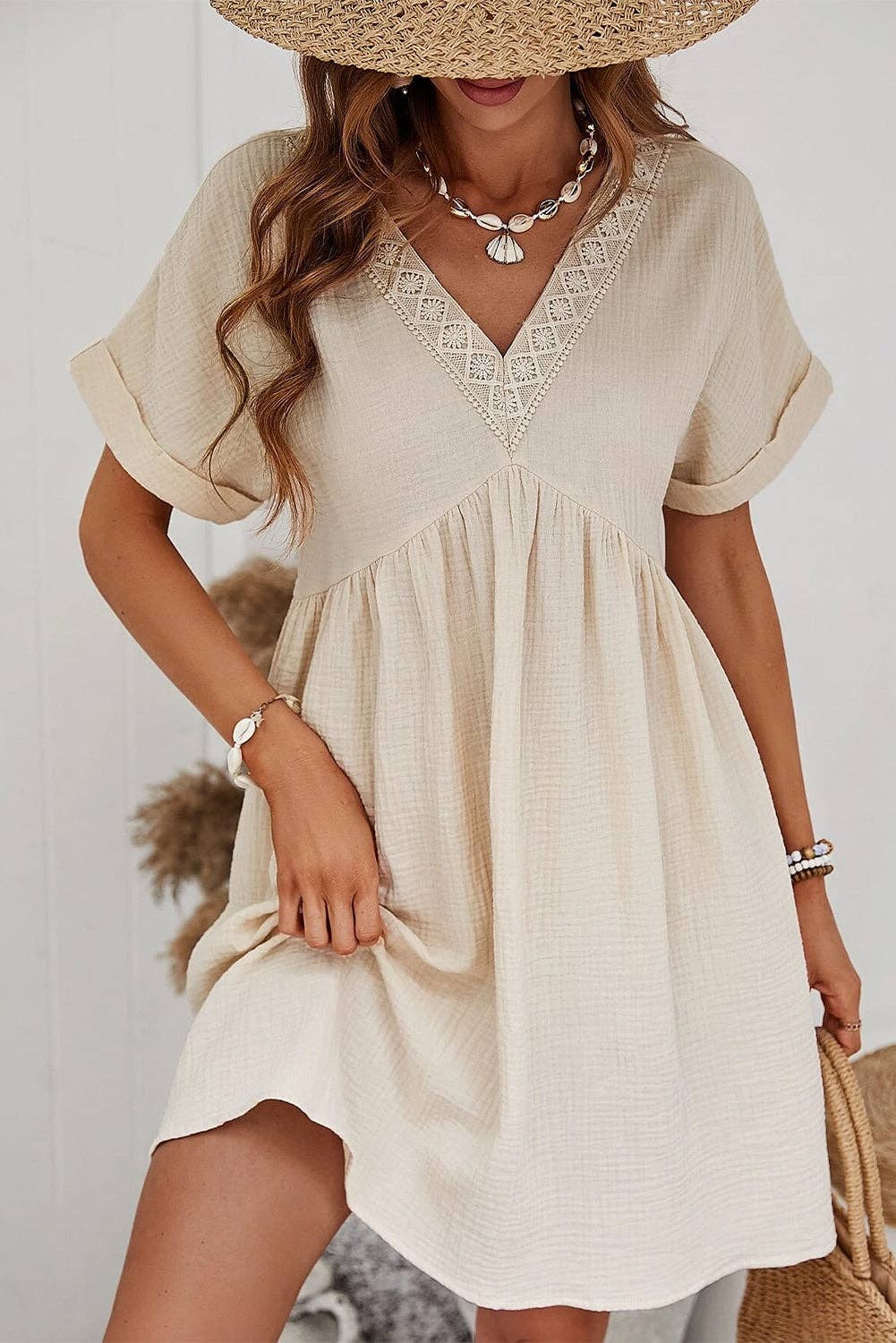 Short Sleeve Lace V Neck Mini Dress