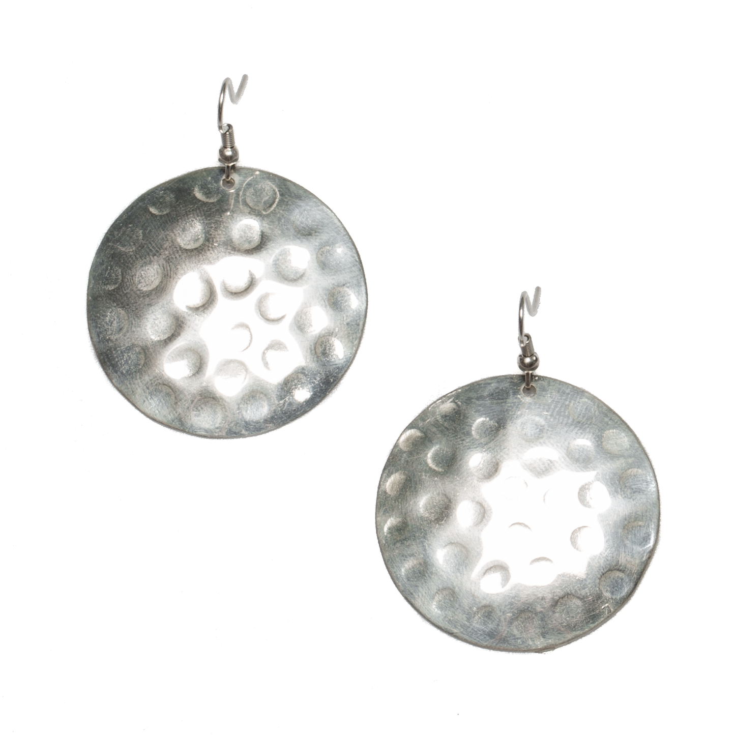 Beaten Metal Disc Earrings - Silver Colour