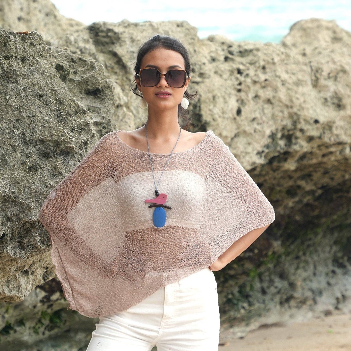 Suzie Blue Canada - Sheer Mesh Poncho - Taupe