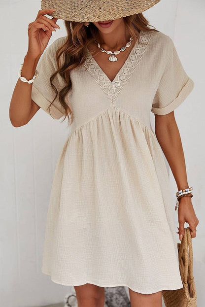 Short Sleeve Lace V Neck Mini Dress