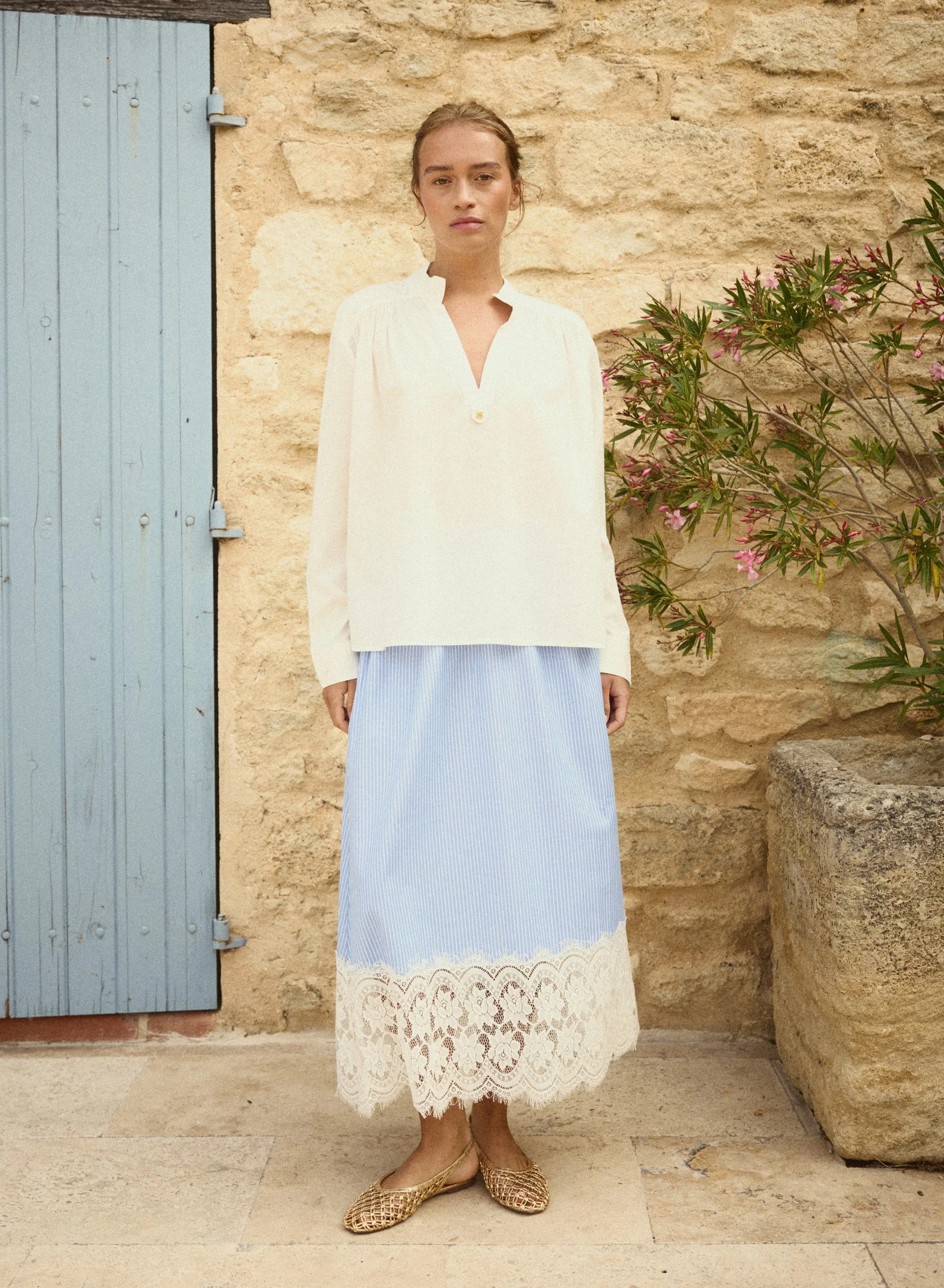 Inaya Poplin and Lace Skirt by NotShy Skirts & Shorts NotShy Blue Stripe
