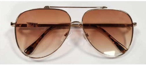 Women's Aviator sunglasses with brown lenses and gold frame on a white background