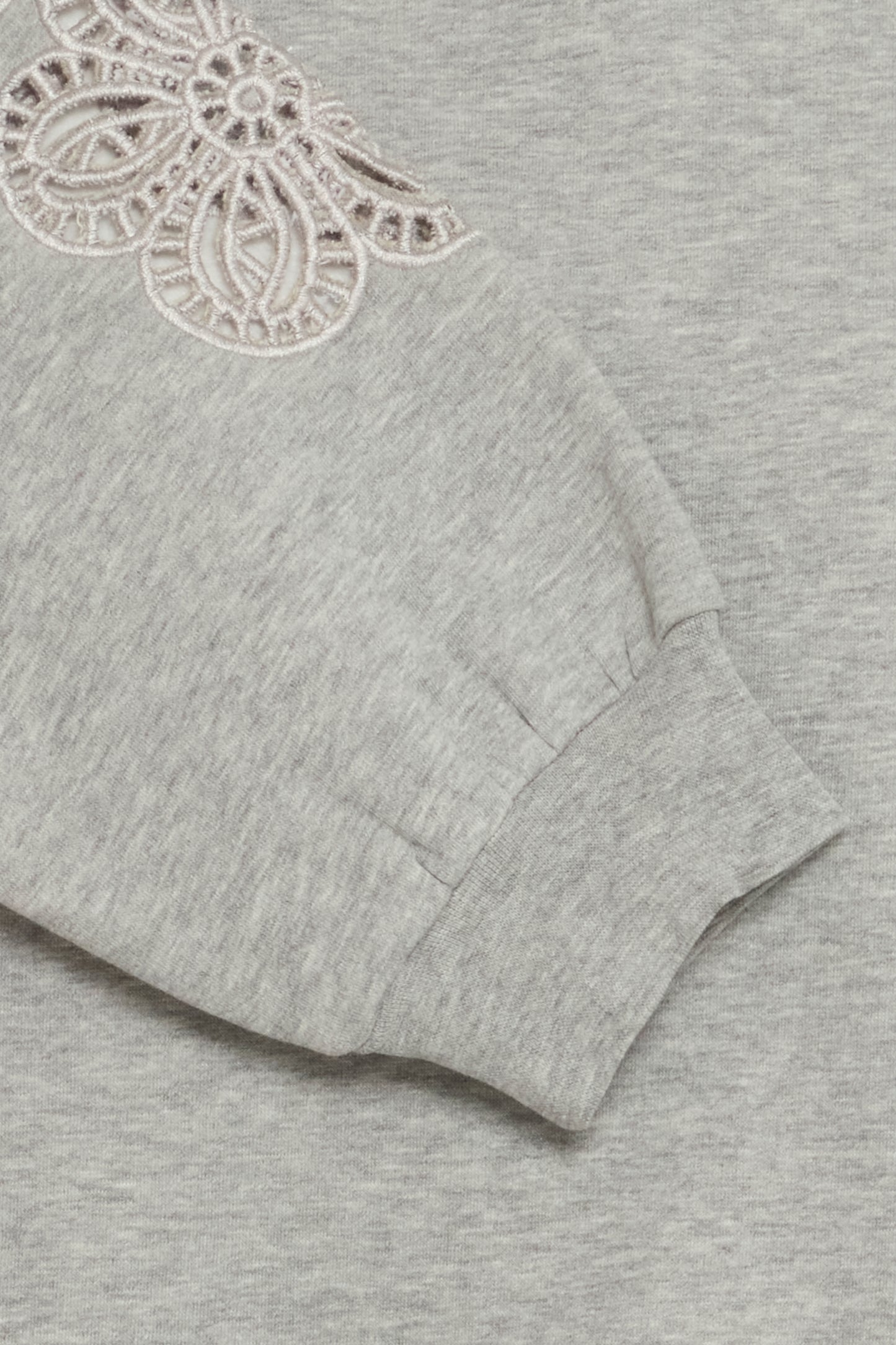 Gray women's sweatsuirt with lace detailing on the sleeve