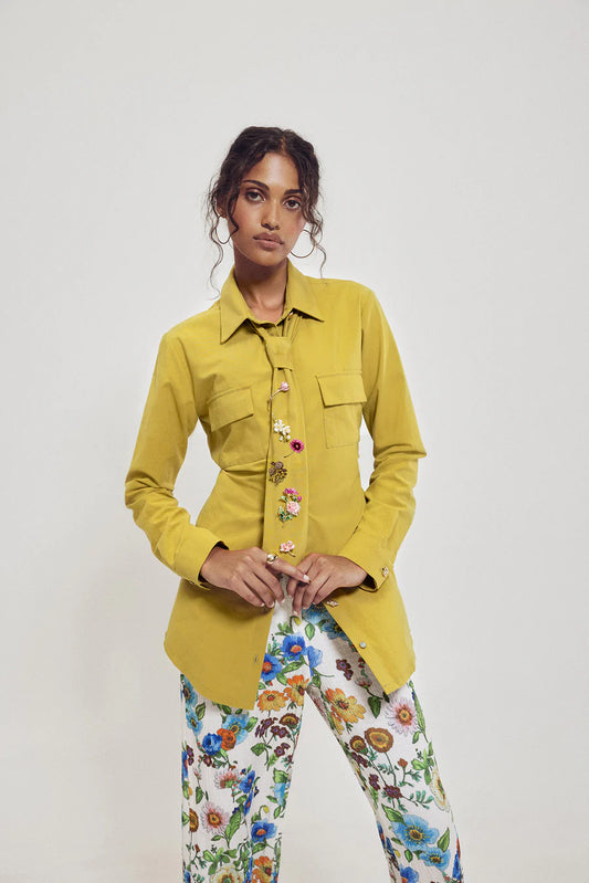 Tie-Blouse with Pins by Hilary MacMillan Blouse Hilary MacMillan Chartreuse