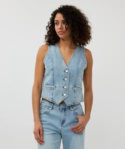 A woman wearing a denim vest. It has a 4 button closure, v-neck and darts to shape for a feminine fit. A light wash blue. 