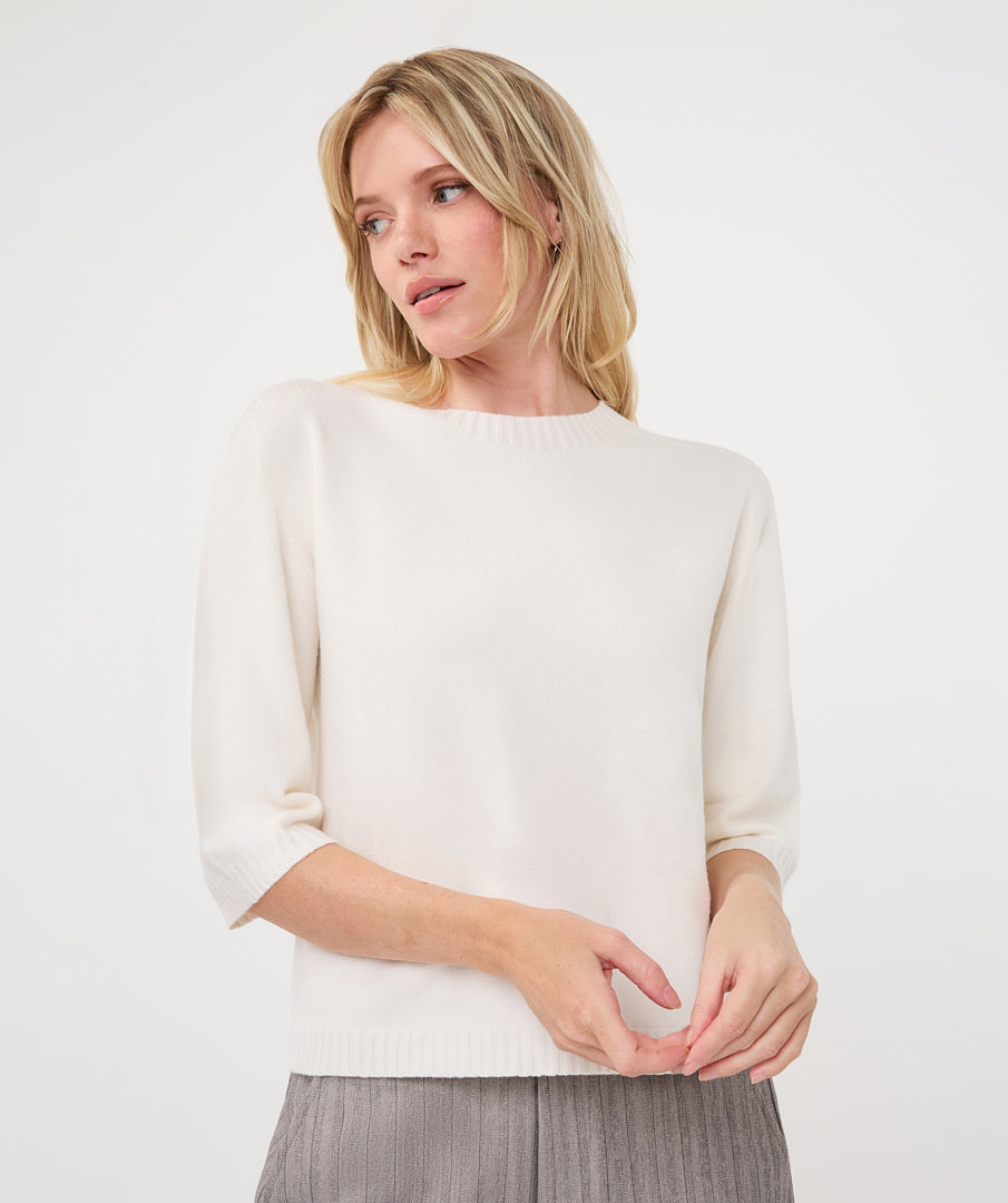 Shoulder-Detail Short-Sleeve Sweater by EsQualo in Off White | Maison Khloe