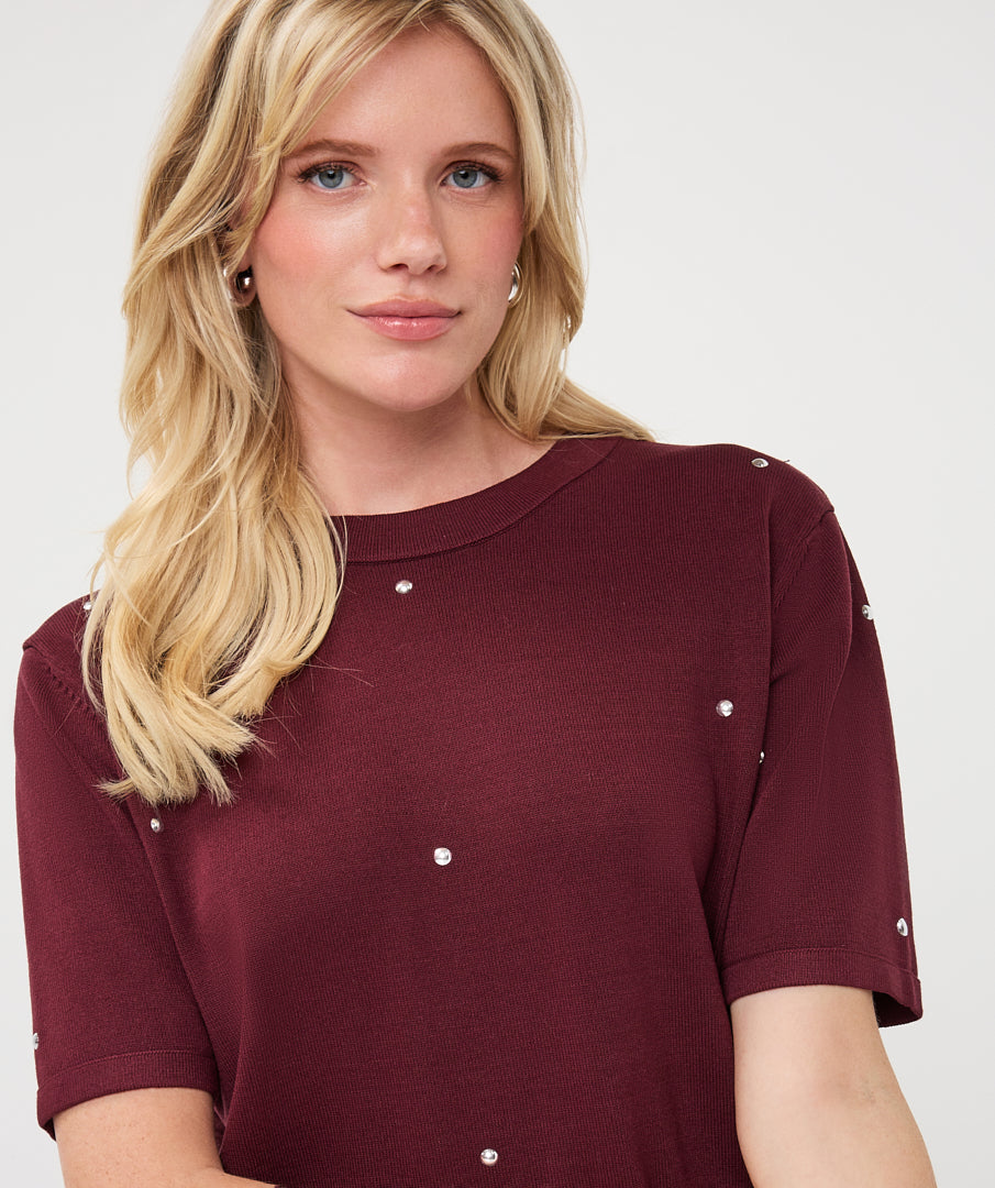 Studded Short-Sleeve Sweater by EsQualo in Merlot | Maison Khloe
