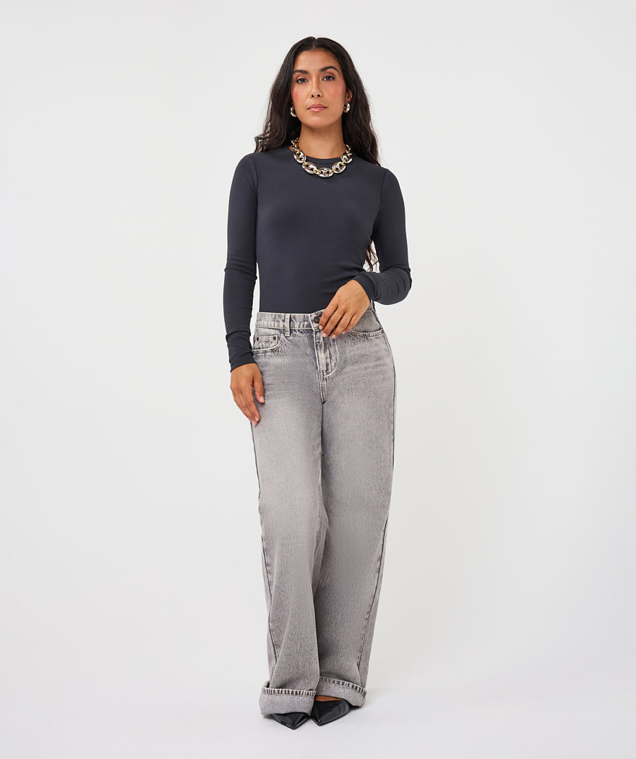 Long-Sleeve Crewneck Top by EsQualo in Dark Gray | Maison Khloe
