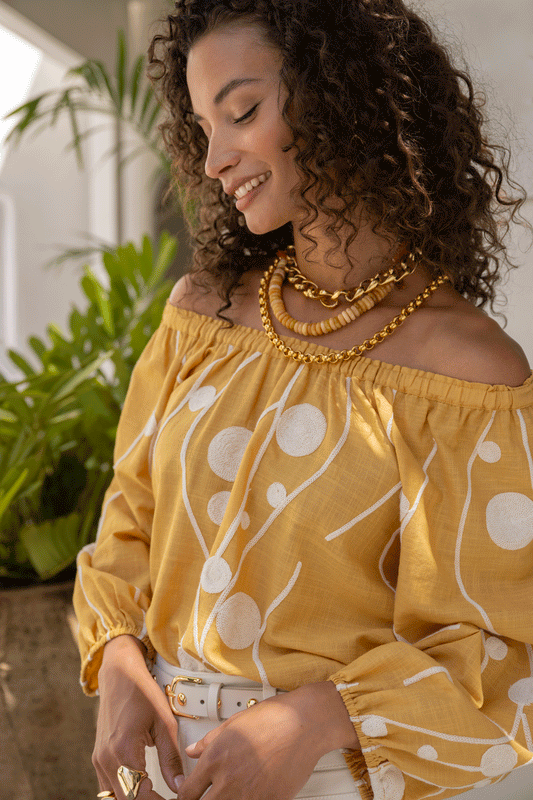 3/4 Sleeve Top with Embroidery by Liverpool Blouse Liverpool Yellow