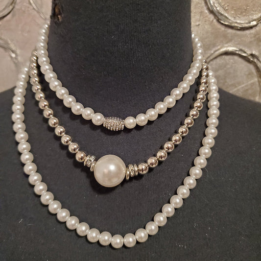 layered pearl finish and gold mixed metal 3 layer necklace for women