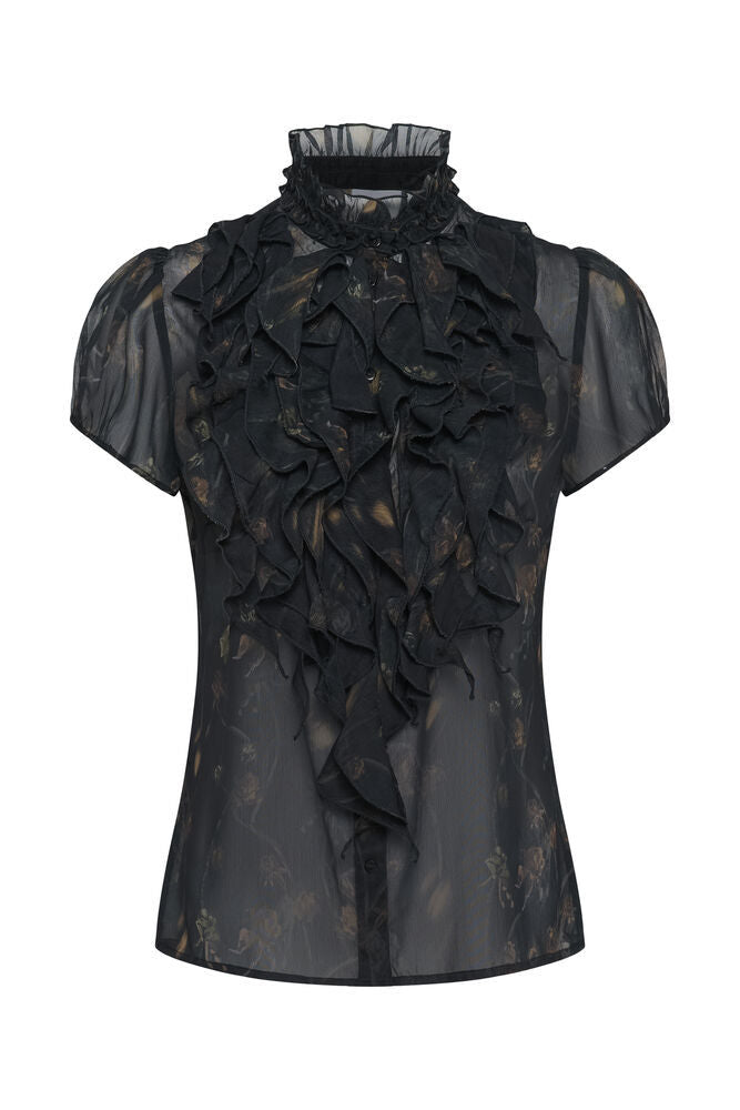 Saint Tropez Lilja Floral Crinkle Blouse in Black Washed Dandelions