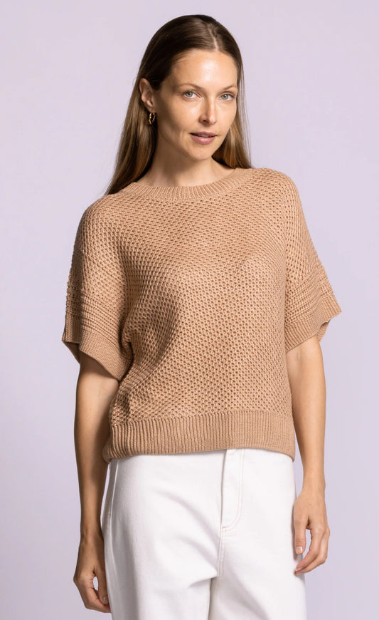 Open Knit Short Sleeve by Pink Martini Knit Tops Pink Martini Taupe
